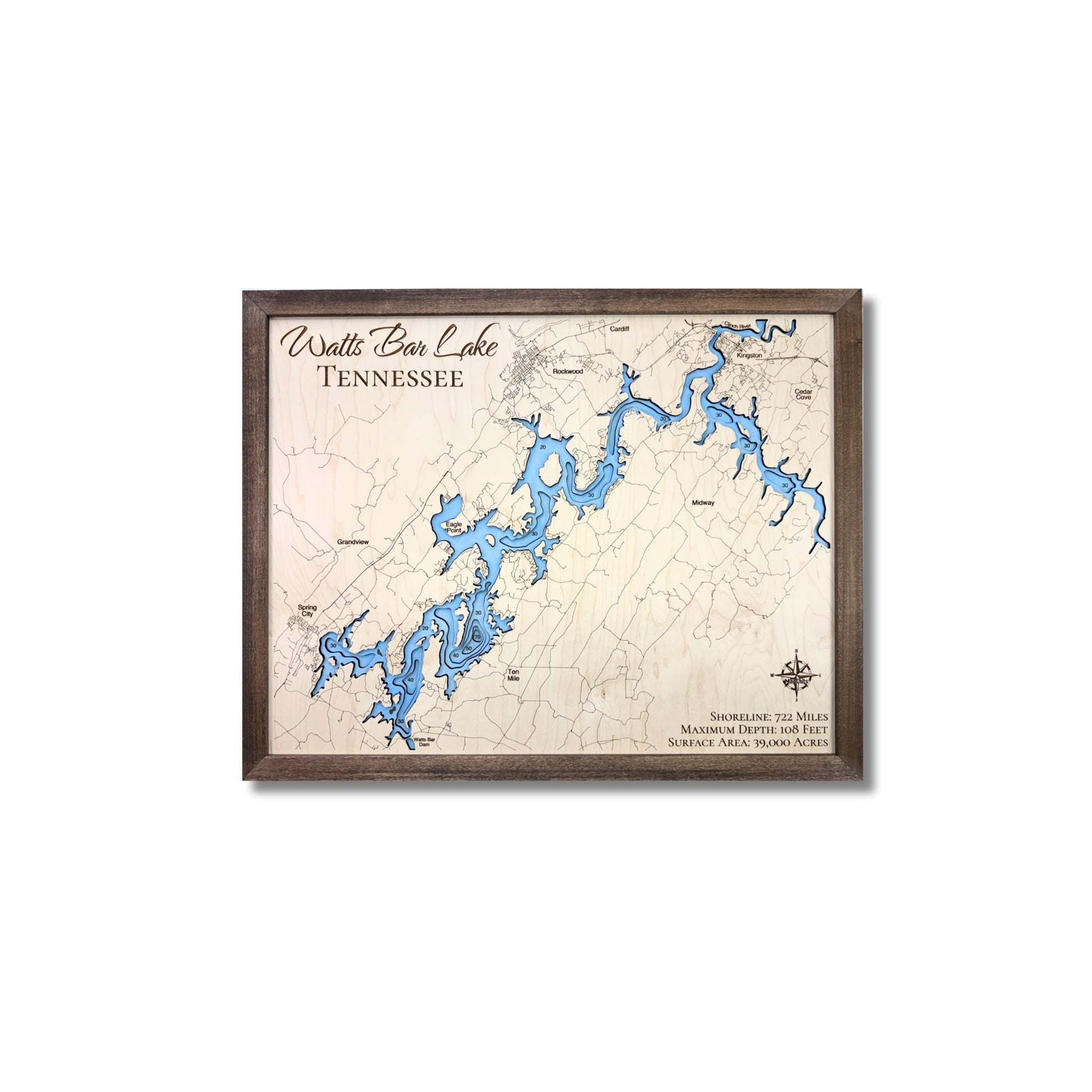 Framed wooden map of Watts Bar Lake, Tennessee on a white background.