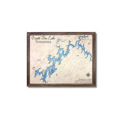 Framed wooden map of Watts Bar Lake, Tennessee on a white background.