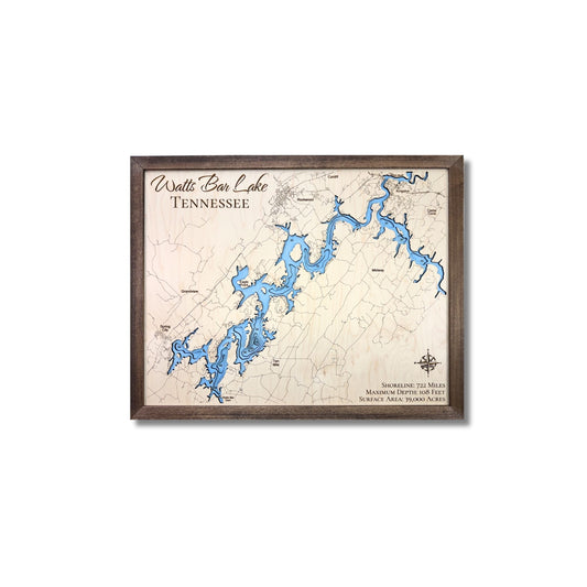 Framed wooden map of Watts Bar Lake, Tennessee on a white background.