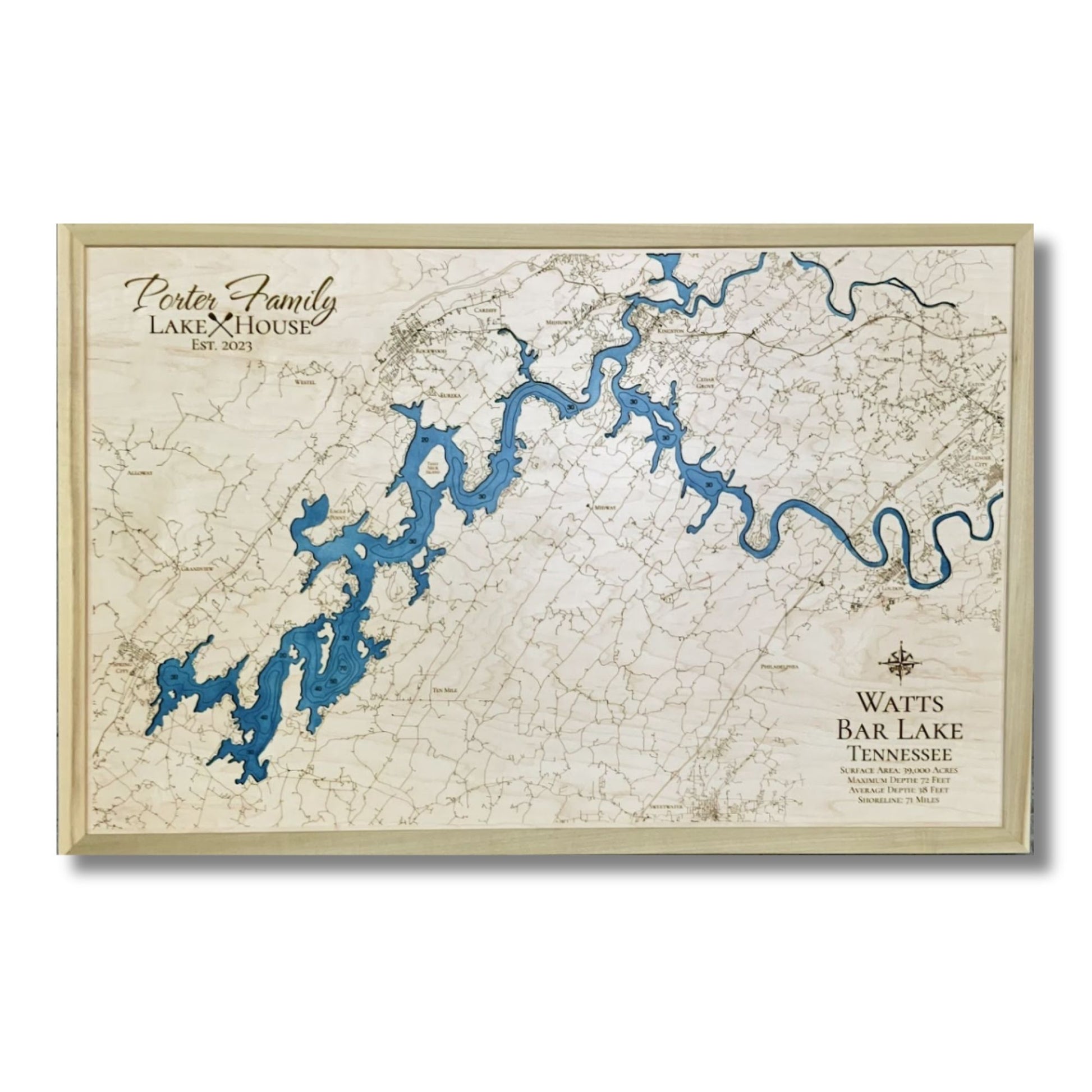 Large wood map of Watts Bar Lake with personalization.