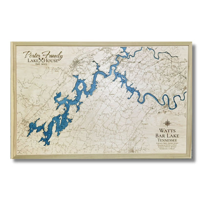 Large wood map of Watts Bar Lake with personalization.