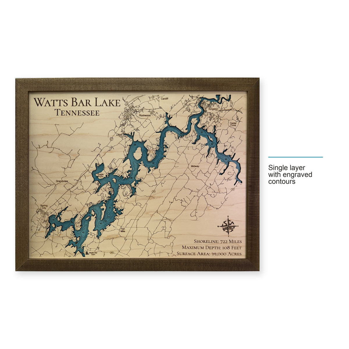Watts Bar Lake wood map — single layer with engraved contours, layer option shown