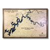 Large wooden map of Watts bar Lake with dark blue water stain. 