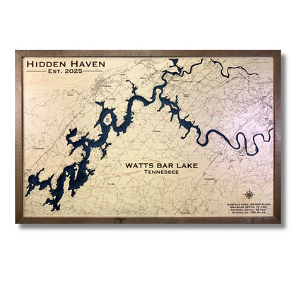 Large wooden map of Watts bar Lake with dark blue water stain. 