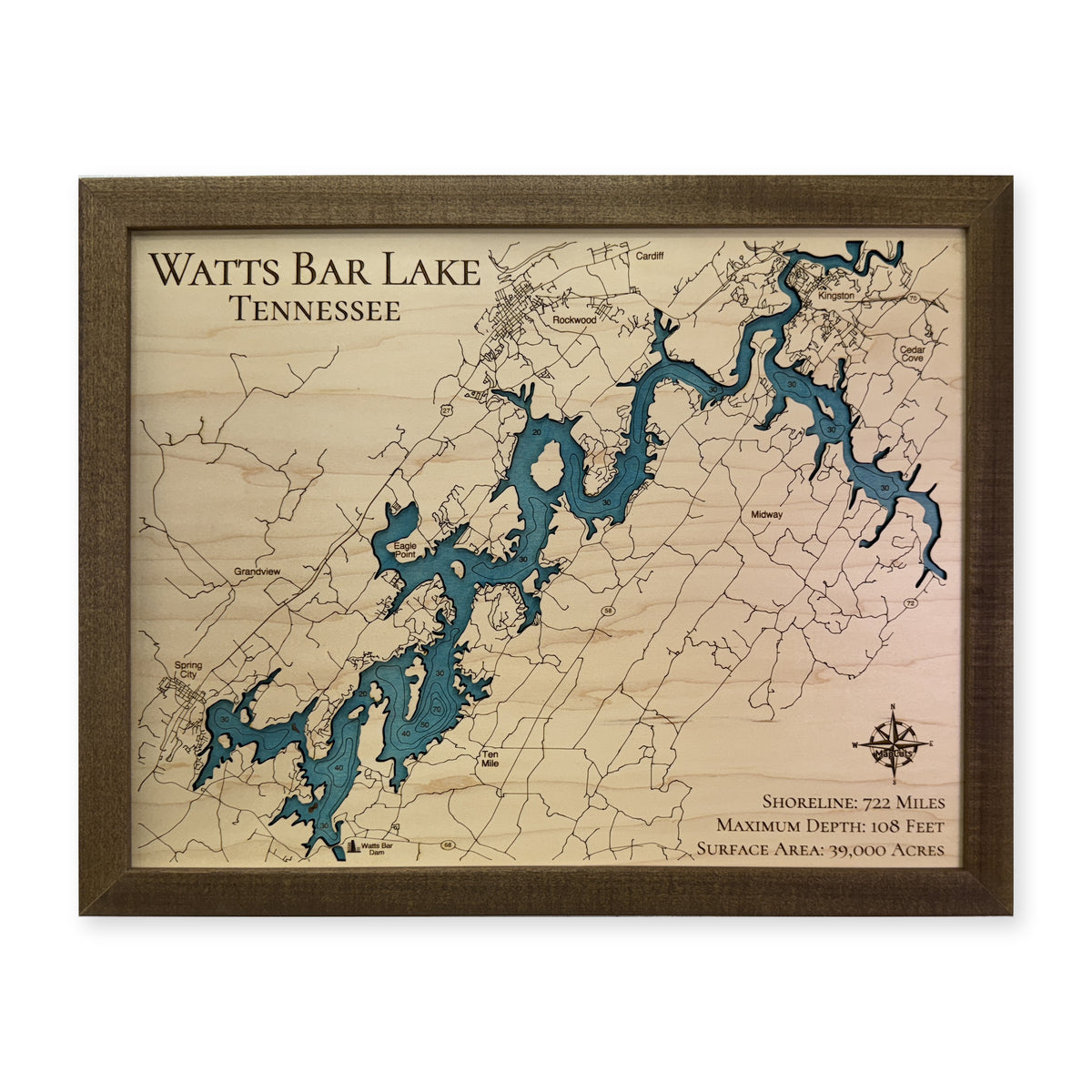 Watts Bar Lake wood map — single layer with engraved contours, white background