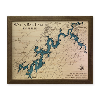 Watts Bar Lake wood map — single layer with engraved contours, white background