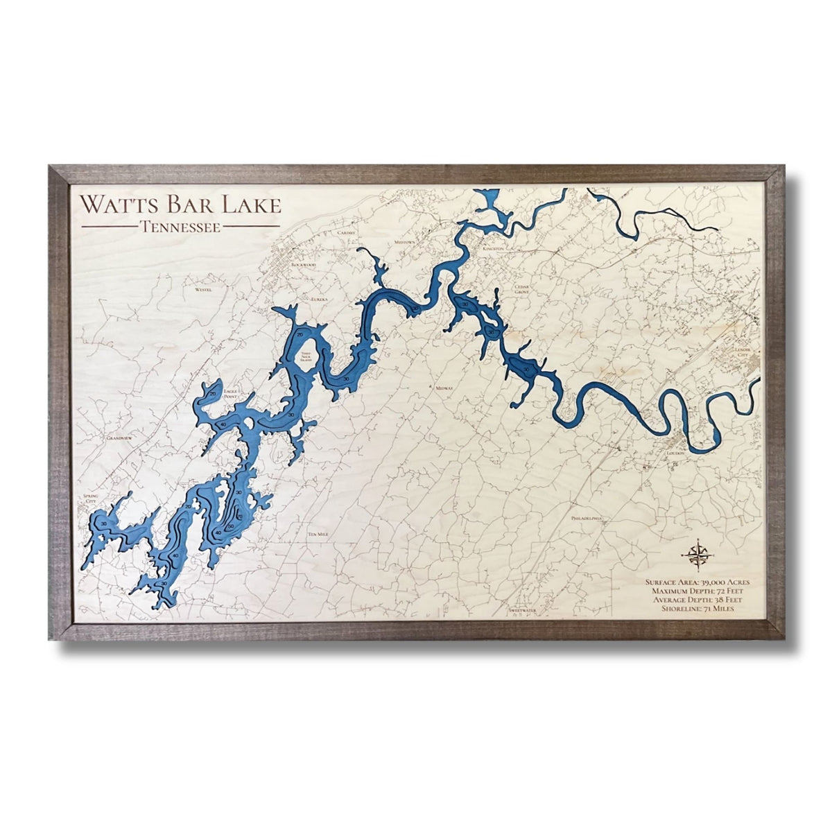 Multi water layer wood map of Watts Bar Lake, Tennessee.