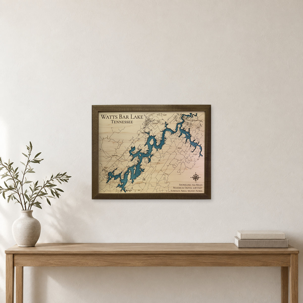 Watts Bar Lake wood map — single layer with engraved contours, staged room mockup