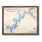 Multilayer wooden map of Watts Bar Lake with light blue water stain. 