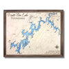 Multilayer wooden map of Watts Bar Lake with light blue water stain. 
