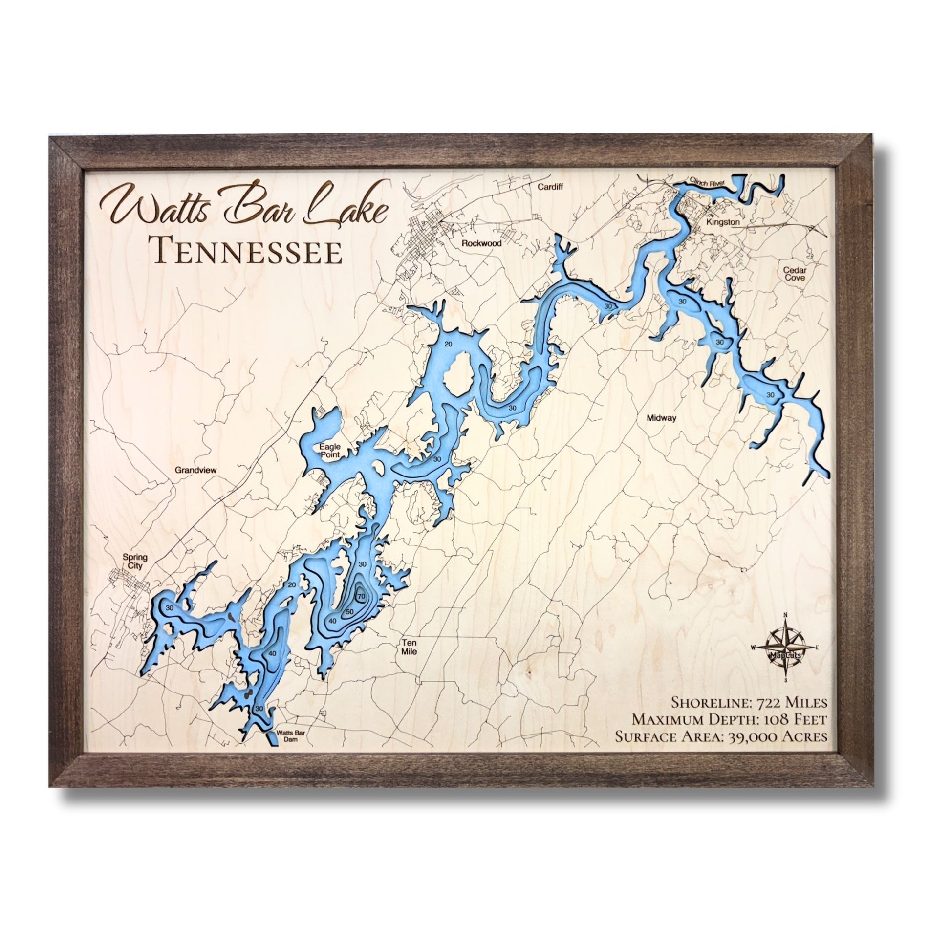 Multilayer wooden map of Watts Bar Lake with light blue water stain. 
