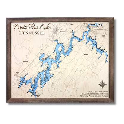 Multilayer wooden map of Watts Bar Lake with light blue water stain. 