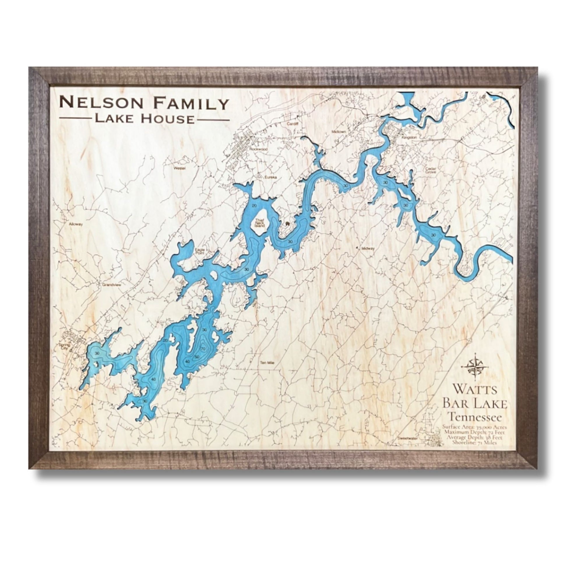 Engraved water layer map of Watts Bar Lake. 