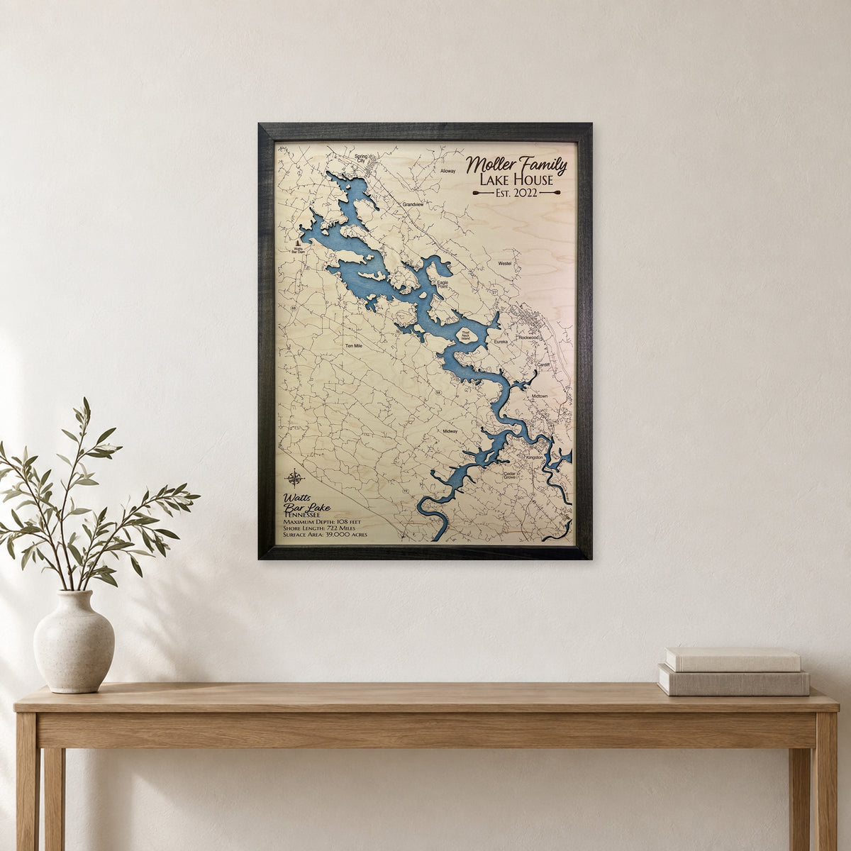 Watts Bar Moller wood map — single layer, staged room mockup