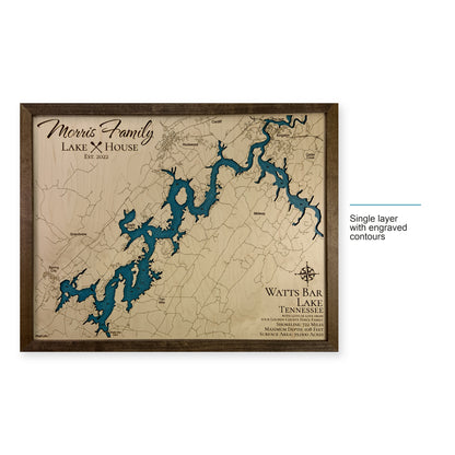 Watts Bar Morris wood map — single layer with engraved contours, layer option shown