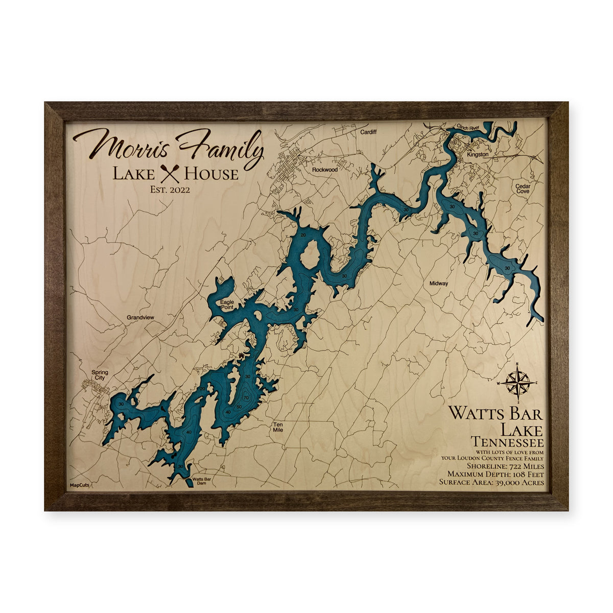 Watts Bar Morris wood map — single layer with engraved contours, white background