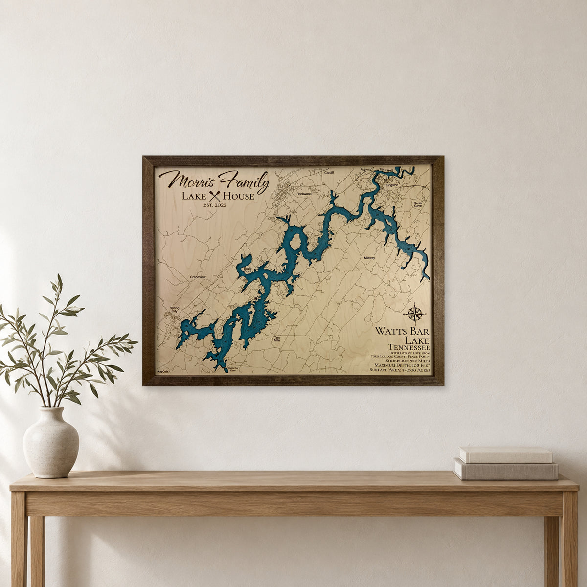 Watts Bar Morris wood map — single layer with engraved contours, staged room mockup