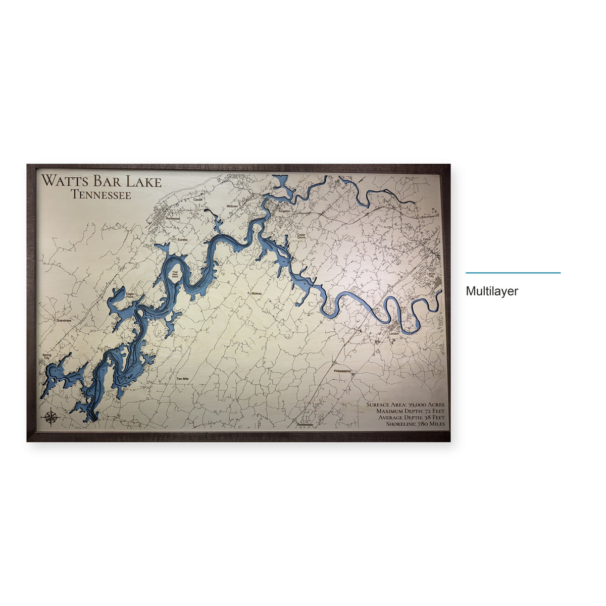 Watts Bar Lake Wooden Map — multilayer example, layer option shown