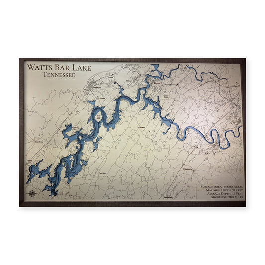 Watts Bar Lake Wooden Map — multilayer example, on a white background