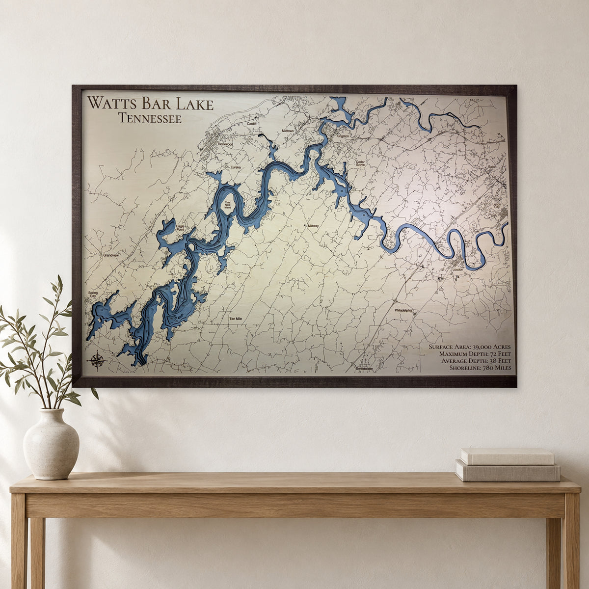 Watts Bar Lake Wooden Map — multilayer example, staged room mockup