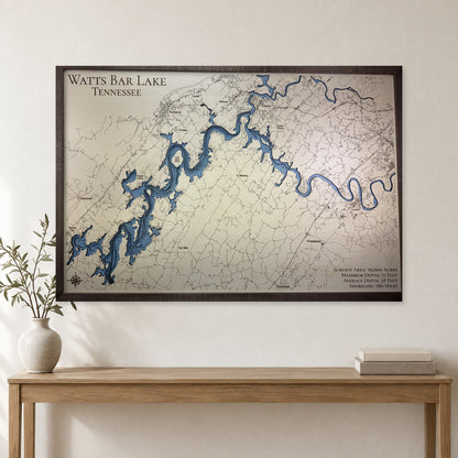 Watts Bar Lake Wooden Map — multilayer example, staged room mockup