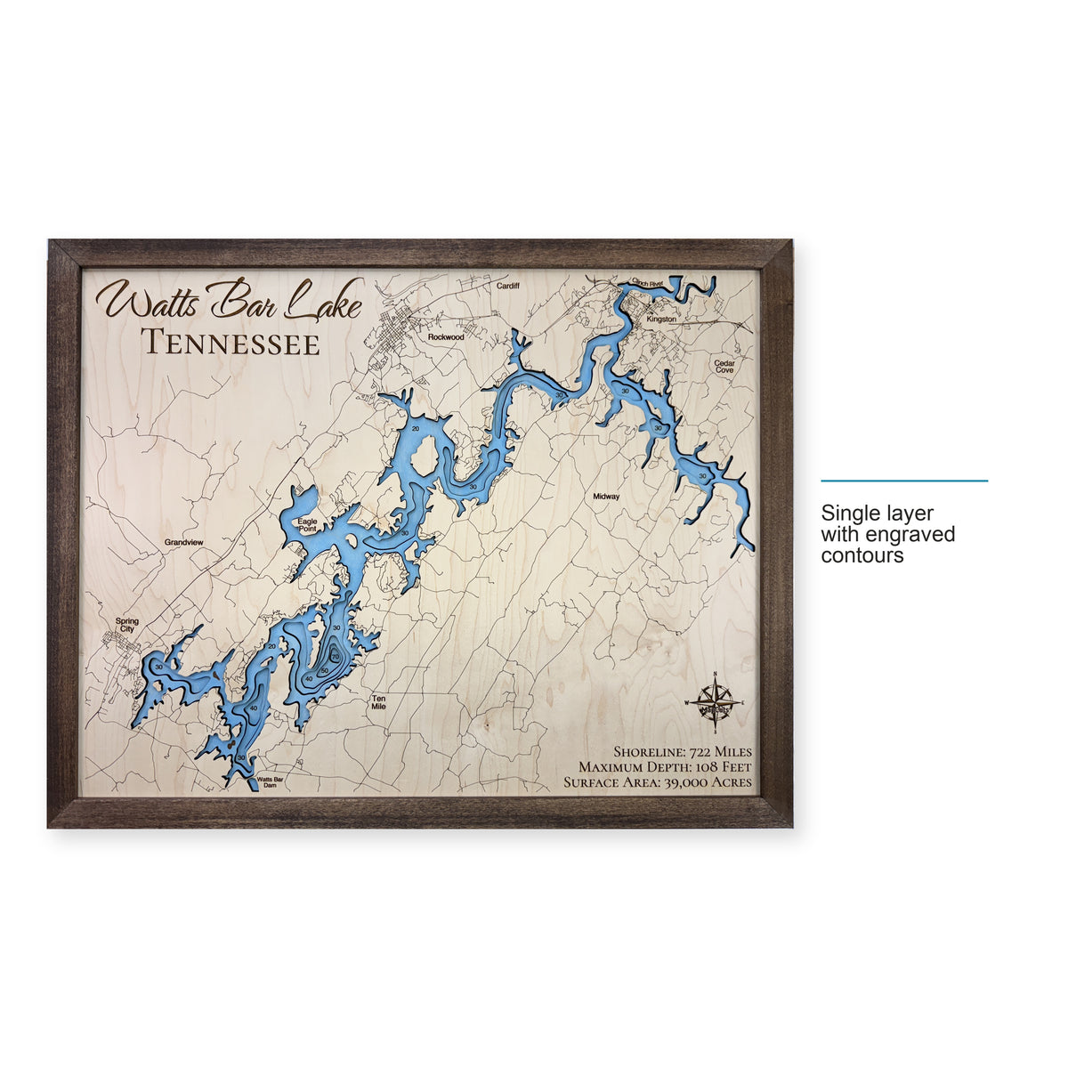 Watts Bar Script wood map — single layer with engraved contours, layer option shown