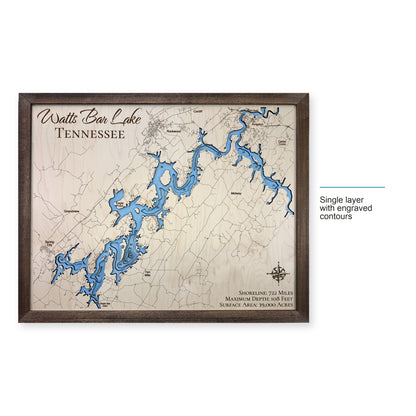 Watts Bar Script wood map — single layer with engraved contours, layer option shown