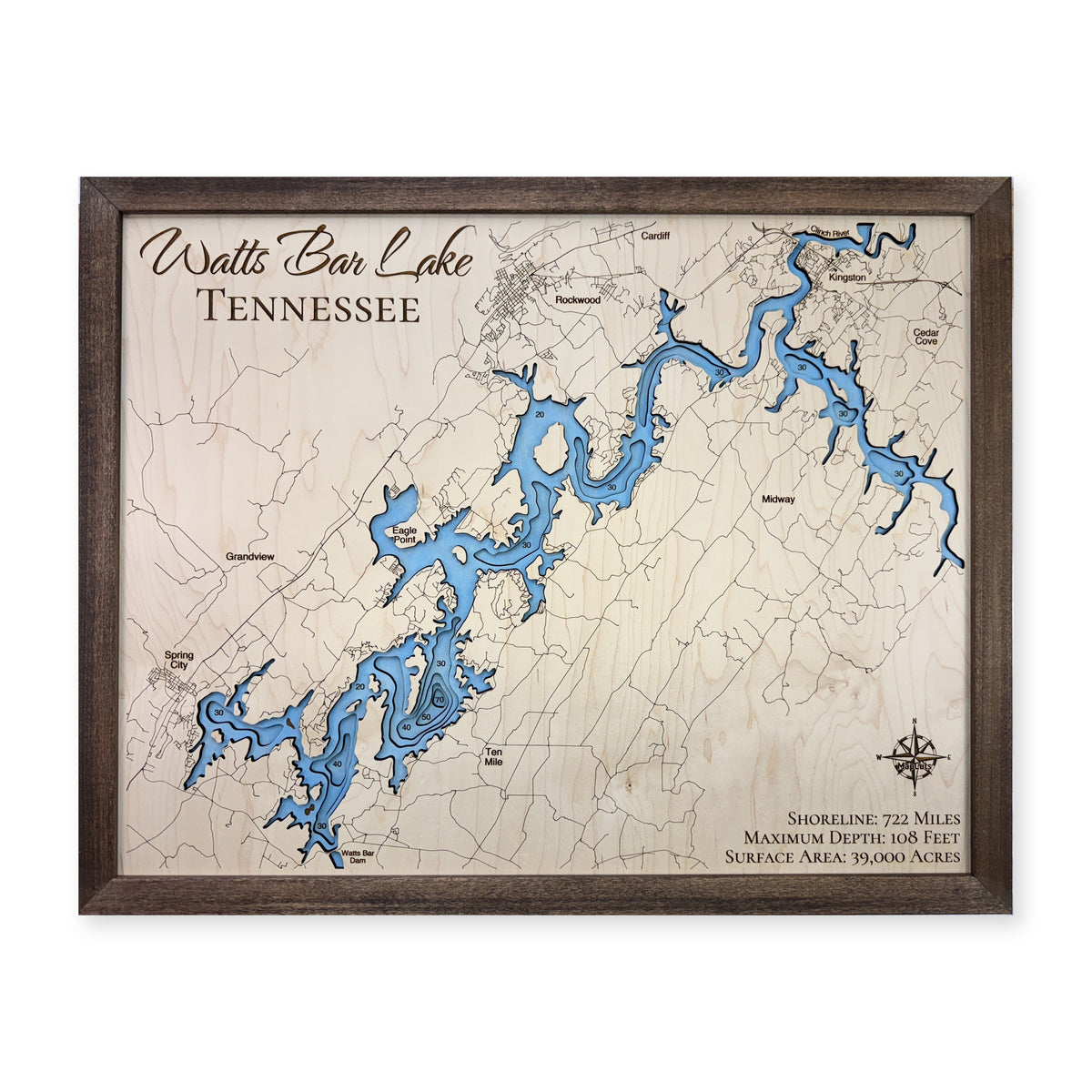Watts Bar Script wood map — single layer with engraved contours, white background