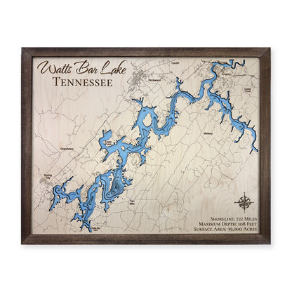 Watts Bar Script wood map — single layer with engraved contours, white background