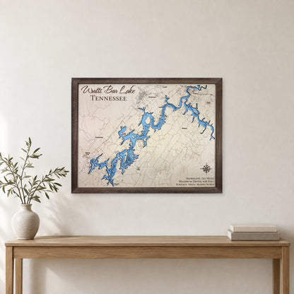 Watts Bar Script wood map — single layer with engraved contours, staged room mockup