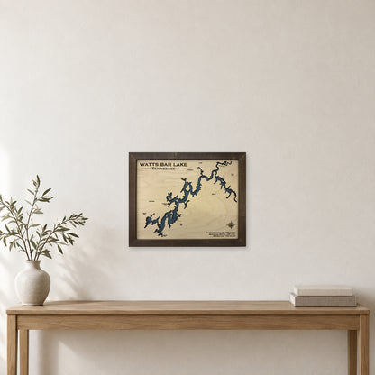 Watts Bar Single wood map — single layer, staged room mockup