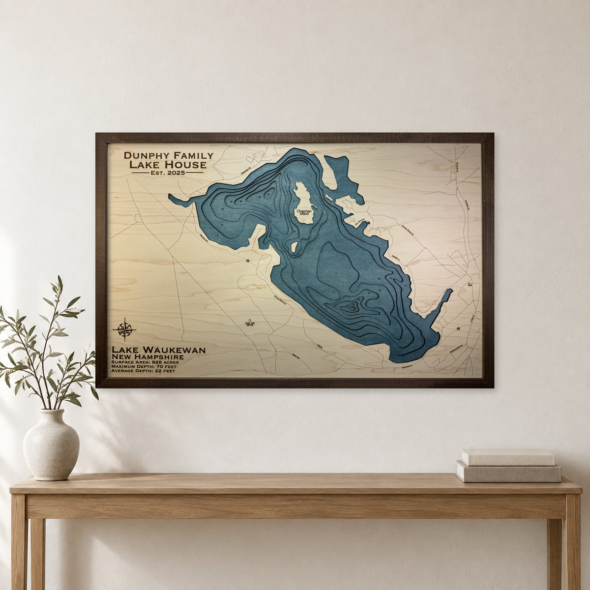 Waukewan Dunphy wood map — multilayer, staged room mockup