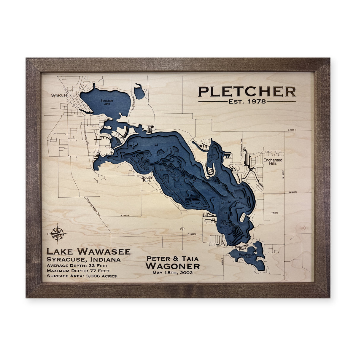 Wawasee Pletcher wood map — multilayer, white background
