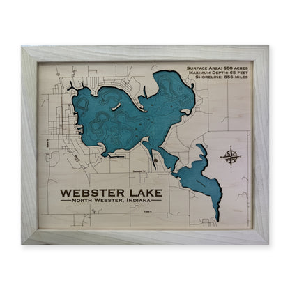 Webster Indiana wood map — single layer with engraved contours, white background