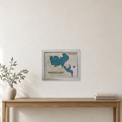 Webster Indiana wood map — single layer with engraved contours, staged room mockup