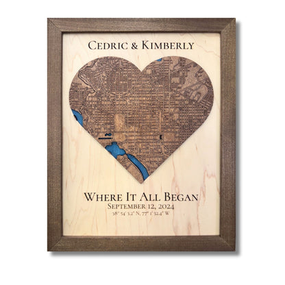 Custom heart-shaped wooden map on a white background. 
