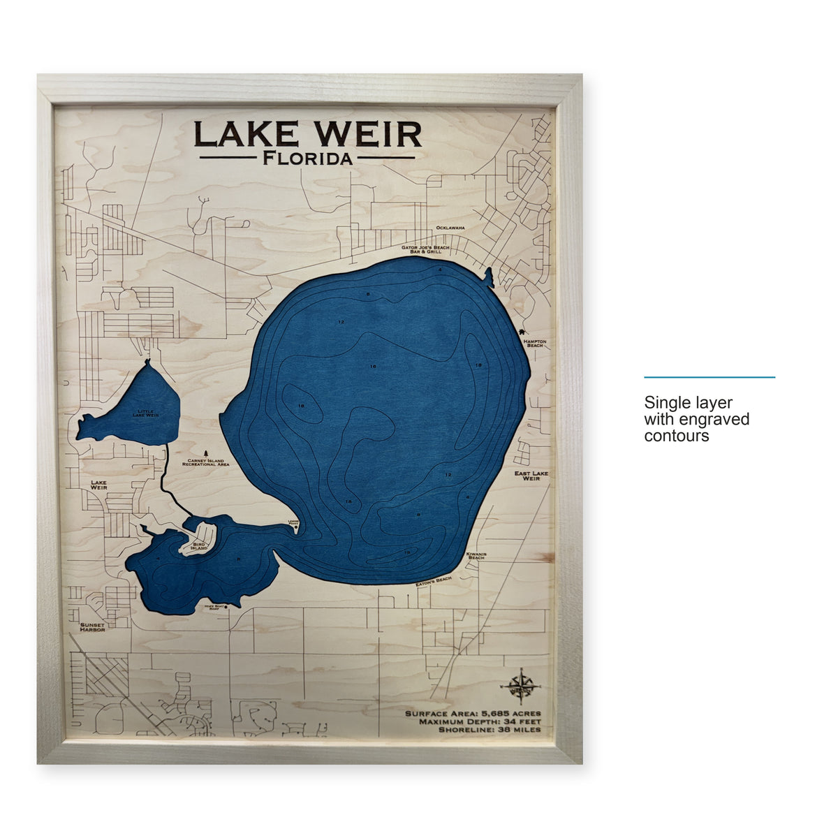 Weir Natural wood map — single layer with engraved contours, layer option shown