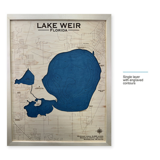 Weir Natural wood map — single layer with engraved contours, layer option shown