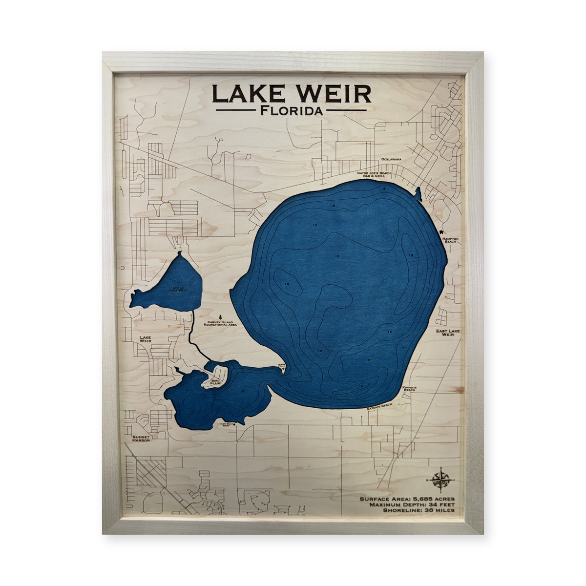 Weir Natural wood map — single layer with engraved contours, white background
