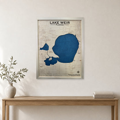 Weir Natural wood map — single layer with engraved contours, staged room mockup