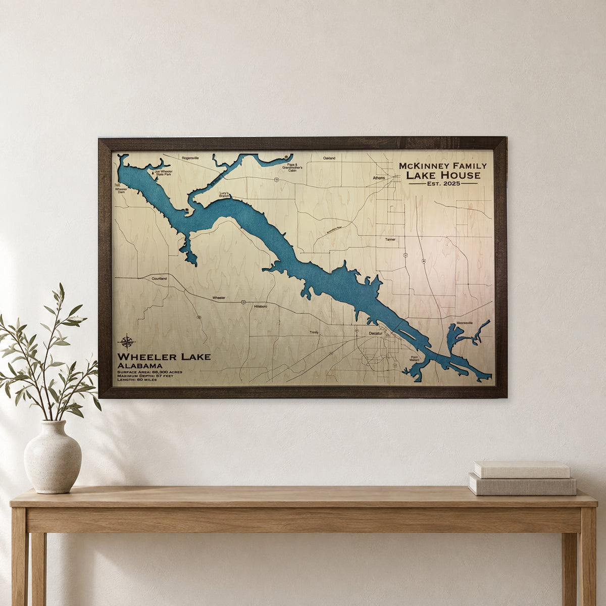 Wheeler Mckinney wood map — single layer, staged room mockup