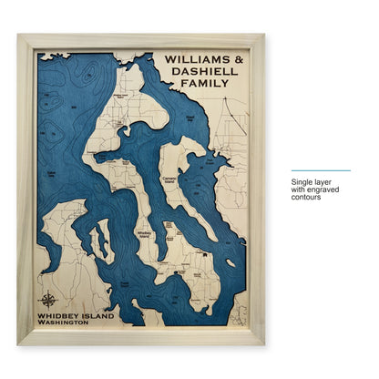 Whidbey Dashiell wood map — single layer with engraved contours, layer option shown