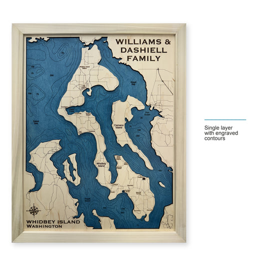 Whidbey Dashiell wood map — single layer with engraved contours, layer option shown