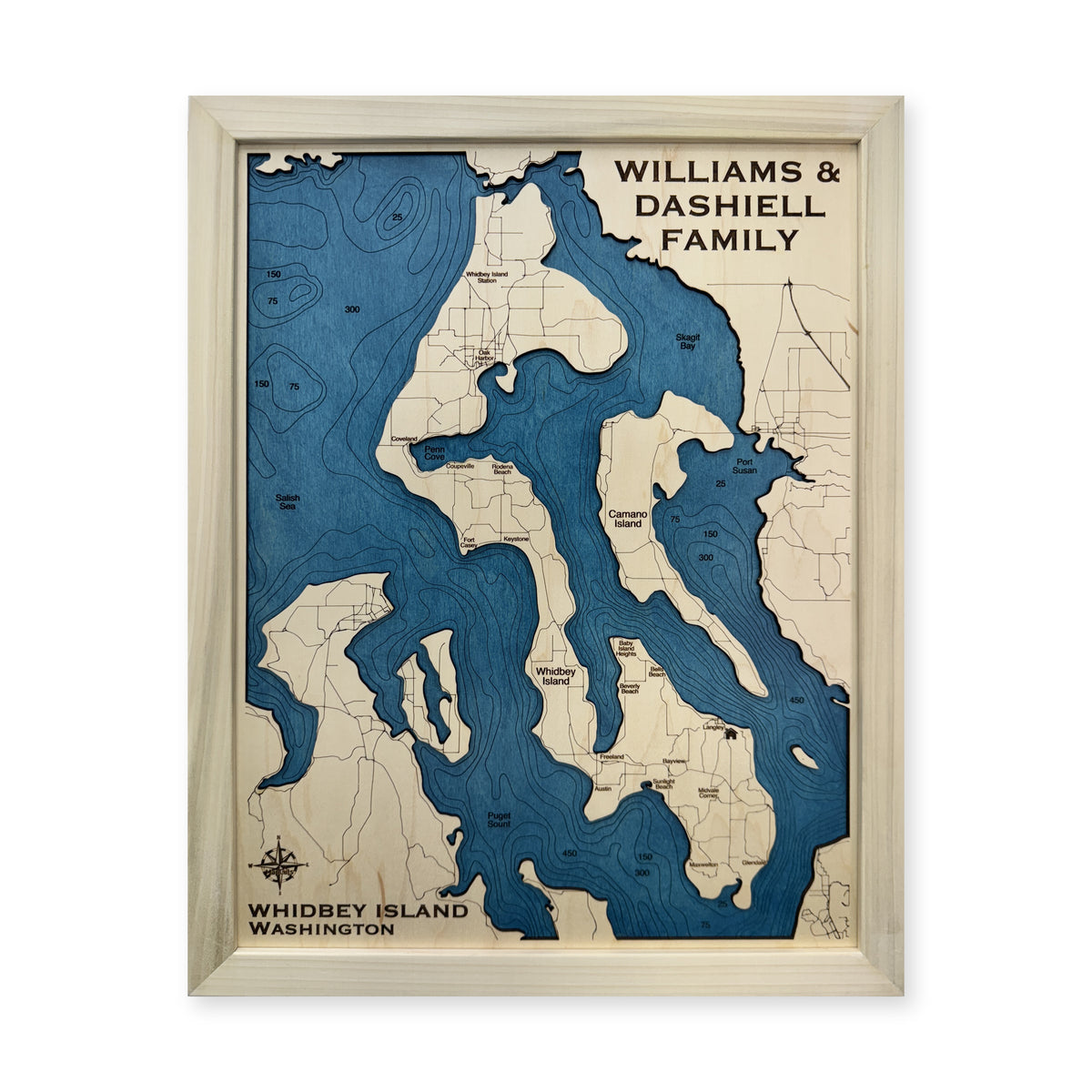 Whidbey Dashiell wood map — single layer with engraved contours, white background