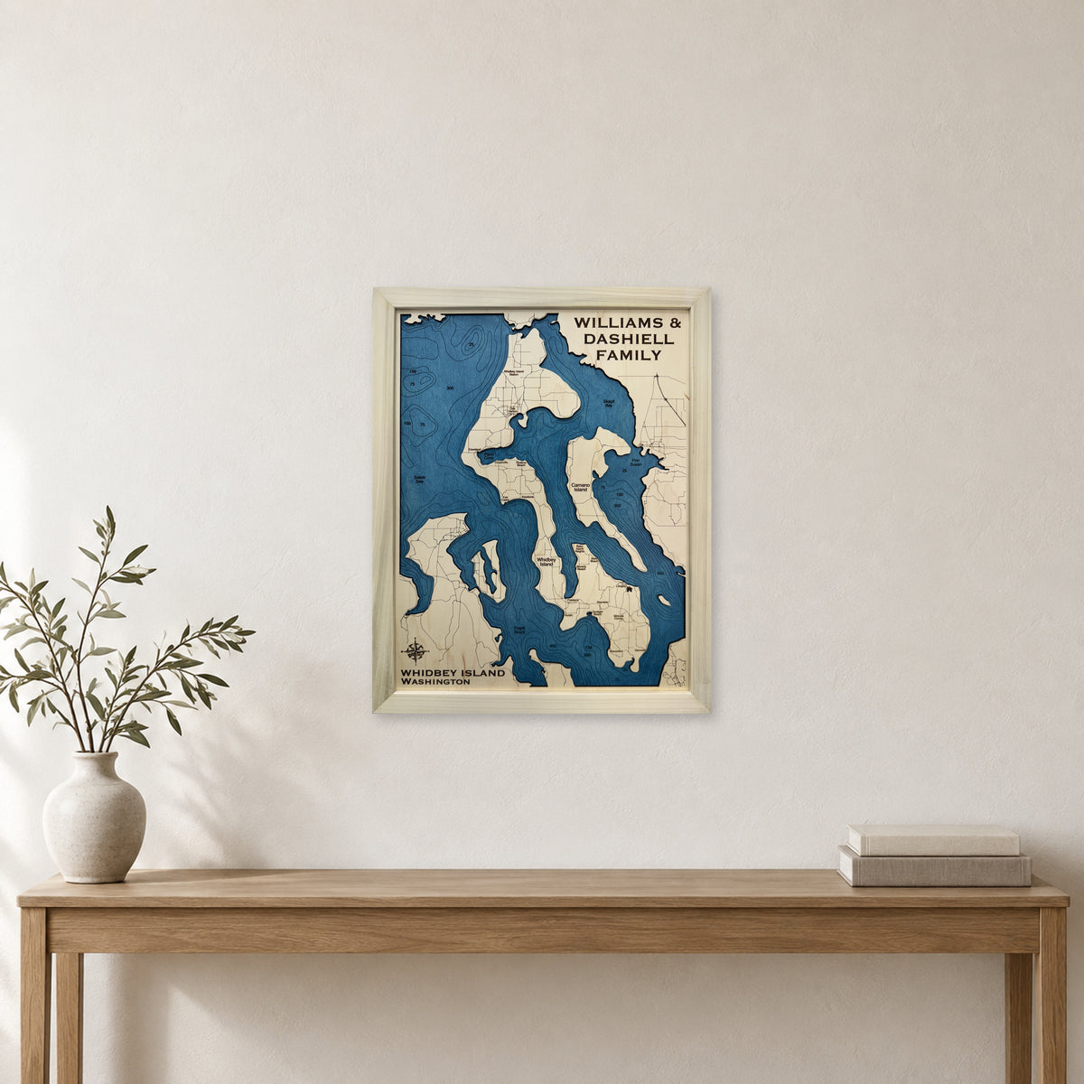 Whidbey Dashiell wood map — single layer with engraved contours, staged room mockup