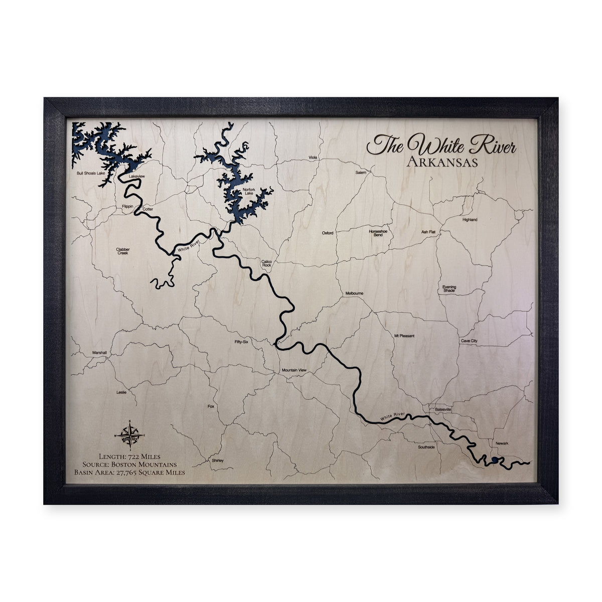 White River Arkansas wood map — single layer with engraved contours, white background