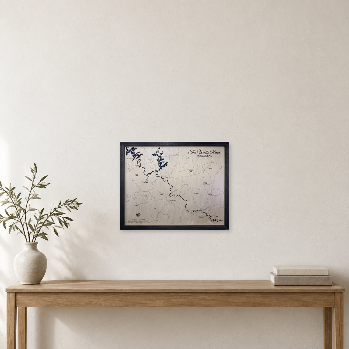White River Arkansas wood map — single layer with engraved contours, staged room mockup