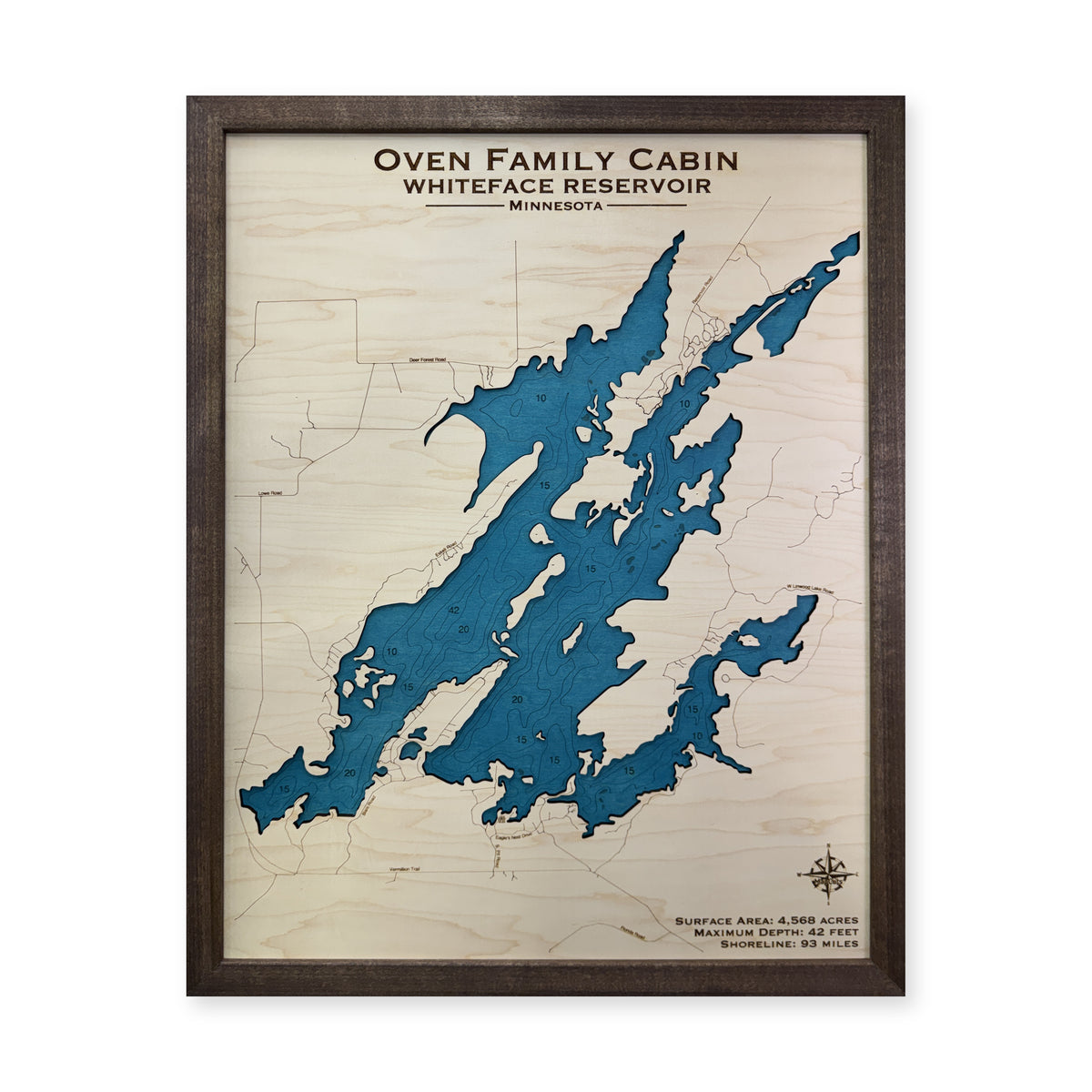 Whiteface Owen wood map — single layer with engraved contours, white background
