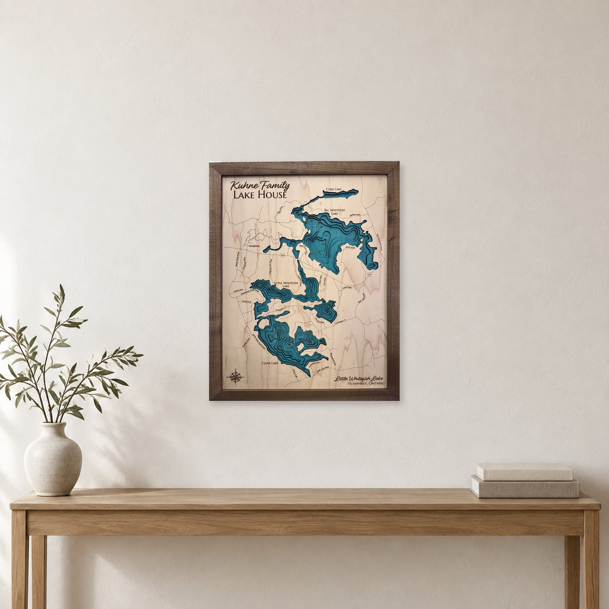 Whitefish Kuhne wood map — multilayer, staged room mockup