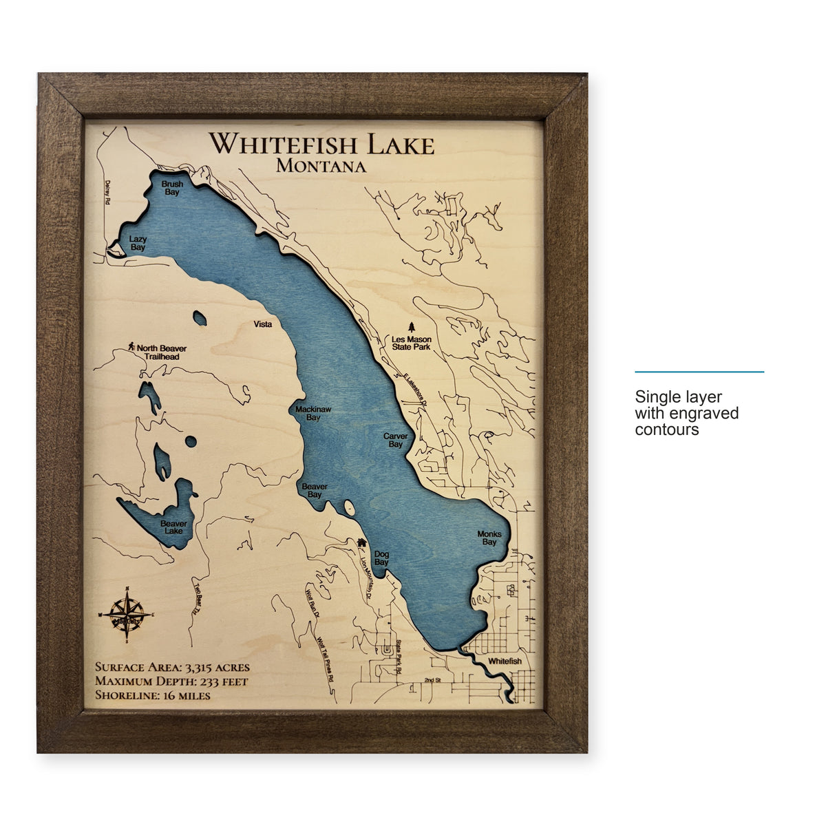 Whitefish Lake wood map — single layer with engraved contours, layer option shown